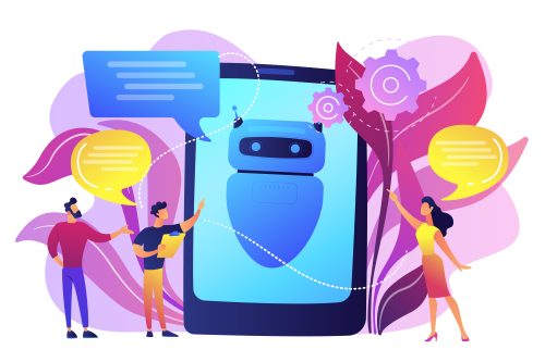 Business people communicate with chatbot application. Chatbot artificial intelligence, talkbots service, interactive agent support concept. Bright vibrant violet vector isolated illustration