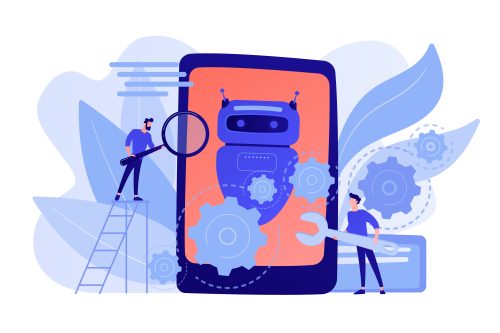 Developers with wrench work on chatbot application development. Chatbot app development, bot development framework, chatbot programming concept. Pinkish coral bluevector isolated illustration