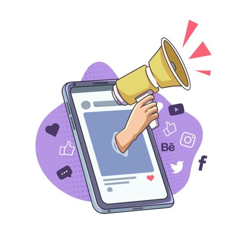 Image showing a Phone and a hand holding a megaphone. Demonstrates Advertisers being loud. 