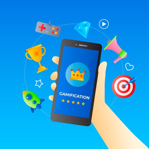 A illustration holding a phone showing gamification. Showing Gamification in marketing for 2025 