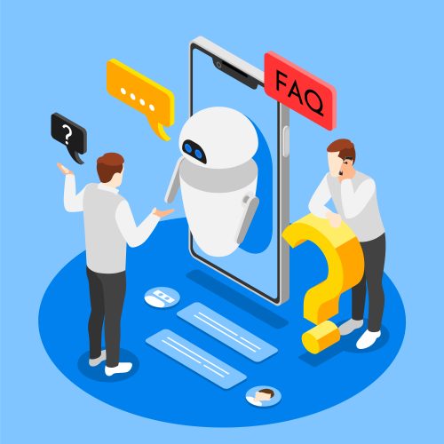 FAQ isometric background with people receiving consultations of robotic assistant using smartphone vector illustration