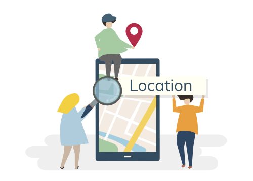 Illustration of characters with traveling and technology concept. Showing the ability of local search and importance of geo location