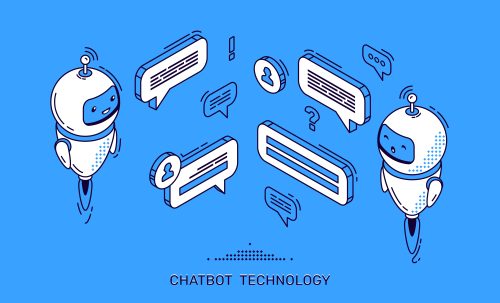  Chatbot technology isometric banner. Ai robot customer support, help and online consultation. Future marketing innovation, artificial intelligence digital advisor, 3d vector illustration, line art