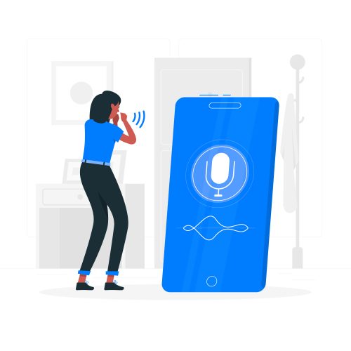 Infographic showing a women talking to a phone with a microphone on the screen. Demonstrating a voice search option