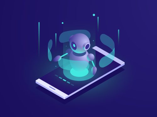 Artificial Intelligence, isometric ai robot on mobile phone screen, chatbot app vector neon dark. Design used to demonstrate Chatbot Monetization in 2025.