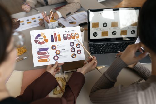 Photo showing in a high angle people working with laptop noting a marketing chart